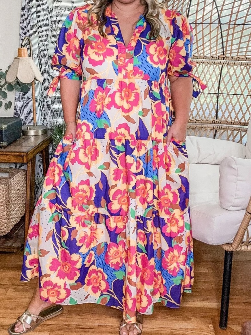 Women’s AVARA colorful floral tiered midi dress- size small